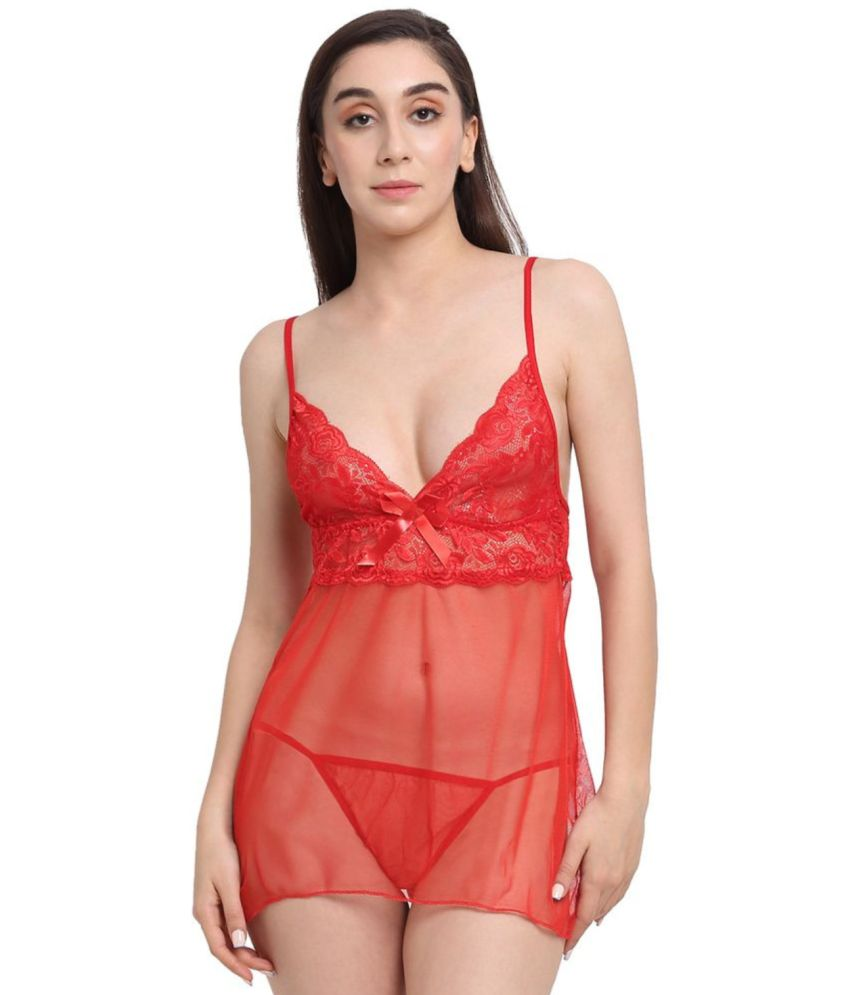     			The Mini NEEDLE Red Net Women's Nightwear Baby Doll Dresses With Panty ( Pack of 2 )