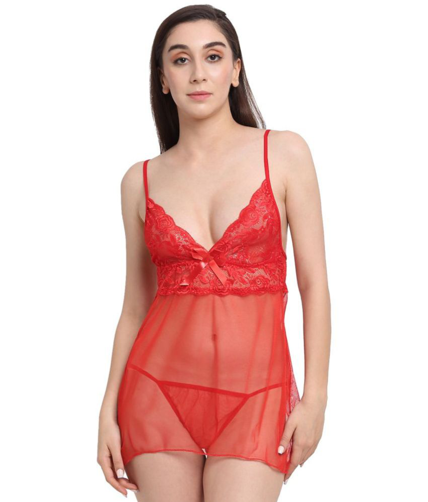     			The Mini NEEDLE Red Net Women's Nightwear Baby Doll Dresses With Panty ( Pack of 1 )