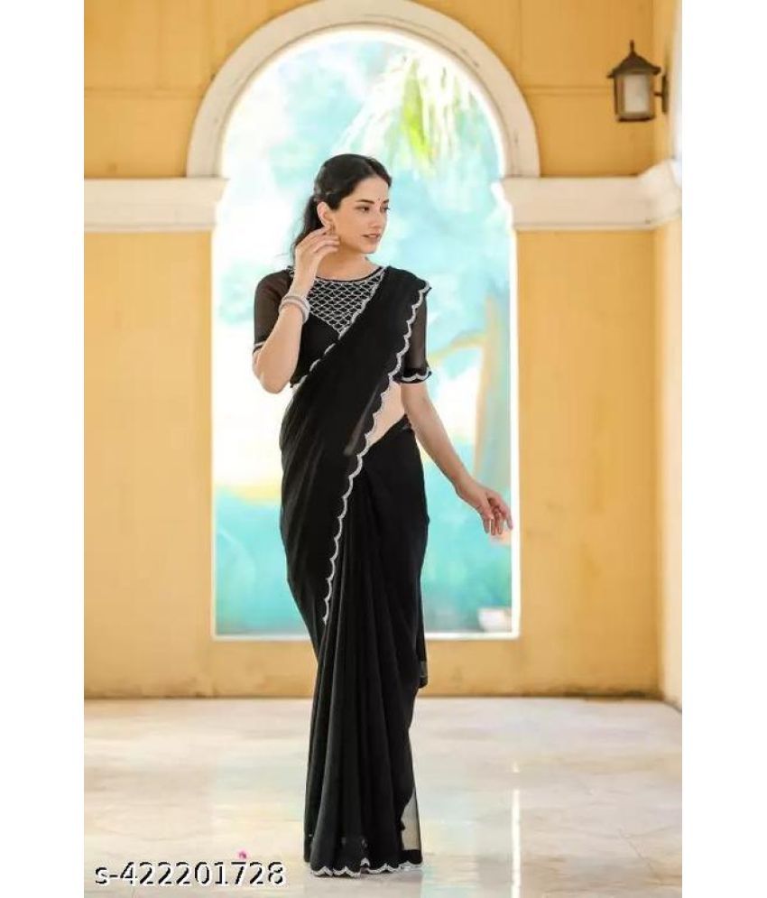     			Shivadit ethnic Georgette Cut Outs Saree With Blouse Piece - Black ( Pack of 1 )