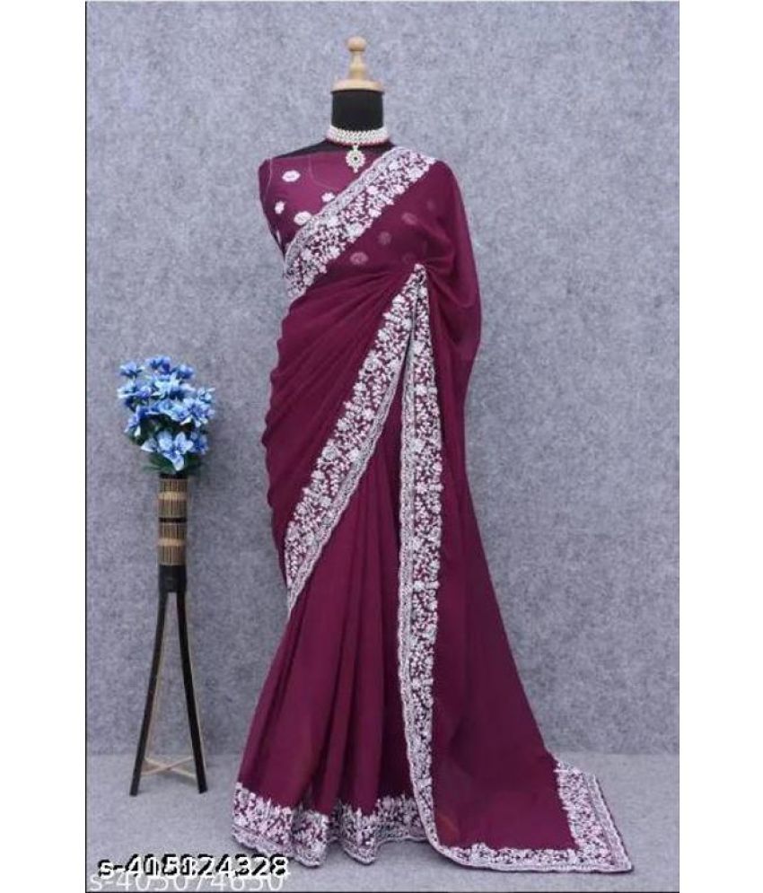     			Shivadit ethnic Georgette Embroidered Saree With Blouse Piece - Purple ( Pack of 1 )