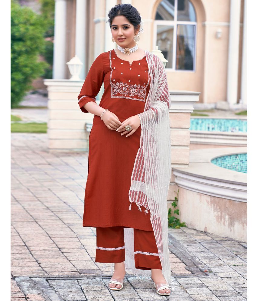     			Skylee Chiffon Embroidered Kurti With Pants Women's Stitched Salwar Suit - Rust ( Pack of 1 )