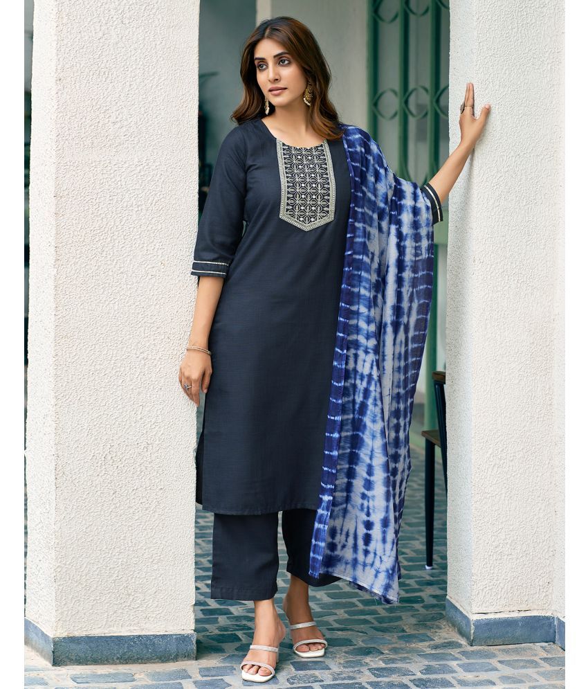     			Skylee Cotton Blend Embroidered Kurti With Palazzo Women's Stitched Salwar Suit - Navy Blue ( Pack of 1 )