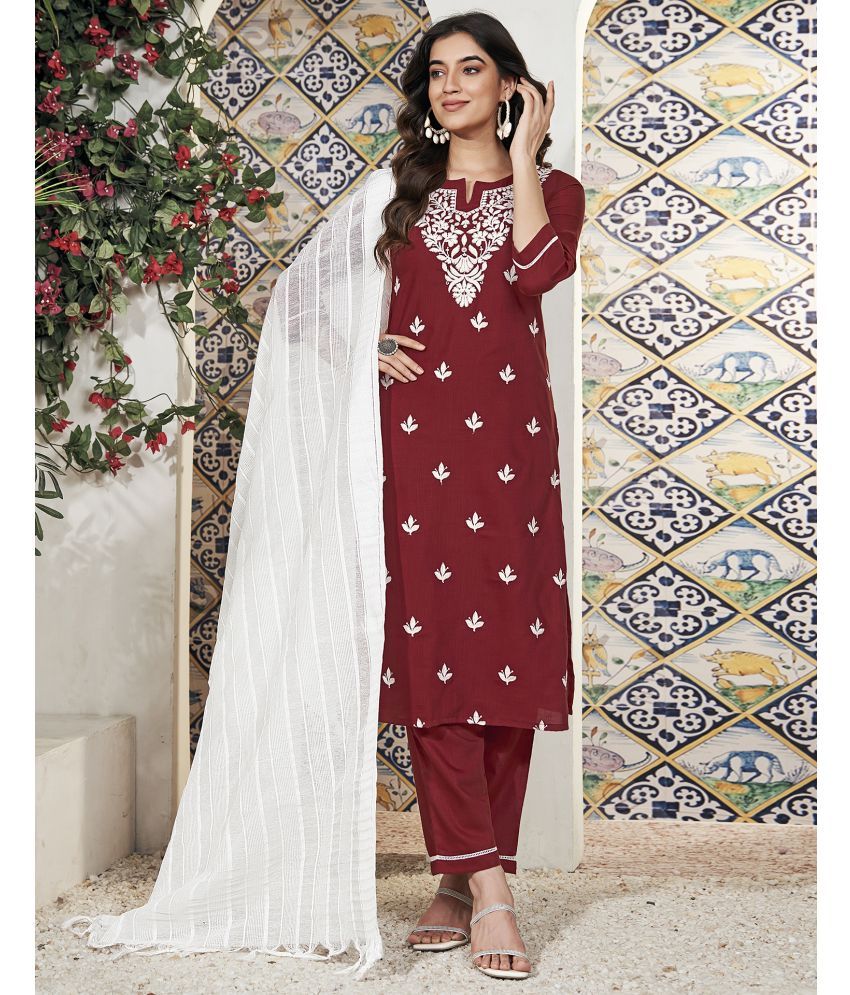     			Skylee Cotton Blend Embroidered Kurti With Pants Women's Stitched Salwar Suit - Maroon ( Pack of 1 )