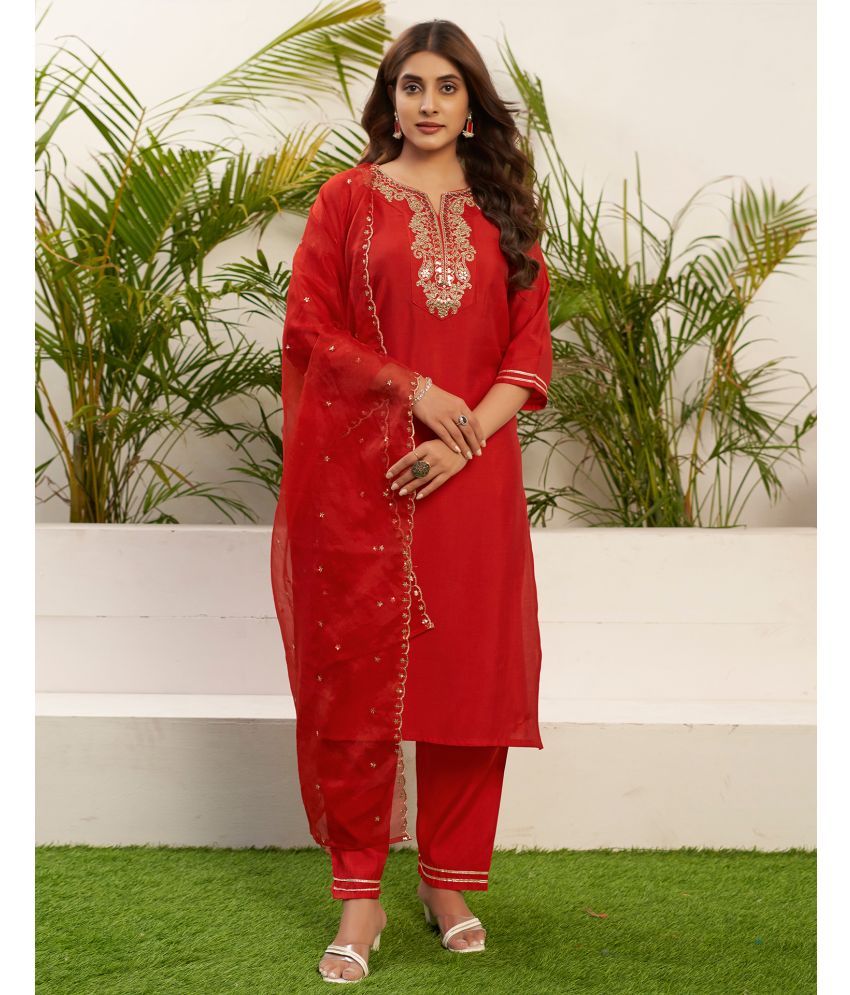     			Skylee Silk Blend Embroidered Kurti With Pants Women's Stitched Salwar Suit - Red ( Pack of 1 )