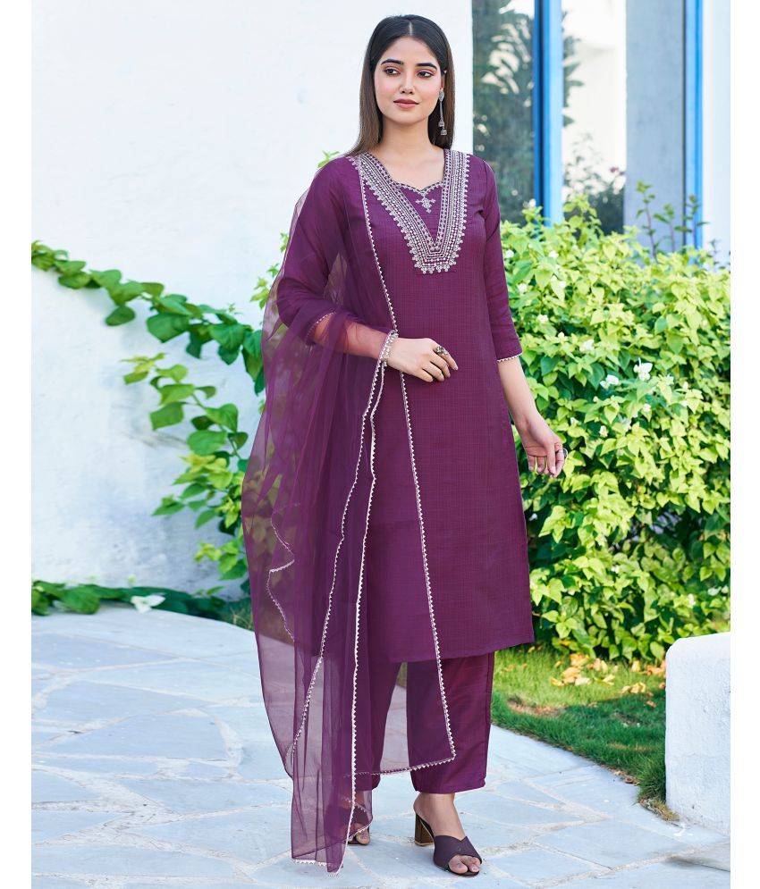     			Skylee Silk Blend Embroidered Kurti With Pants Women's Stitched Salwar Suit - Purple ( Pack of 1 )