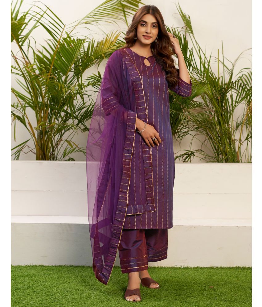     			Skylee Silk Blend Striped Kurti With Pants Women's Stitched Salwar Suit - Purple ( Pack of 1 )