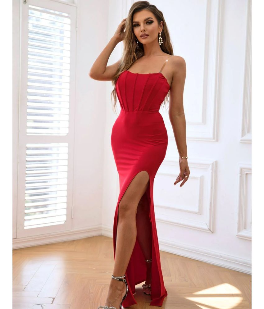     			Traquila Lycra Solid Full Length Women's Side Slit Dress - Red ( Pack of 1 )