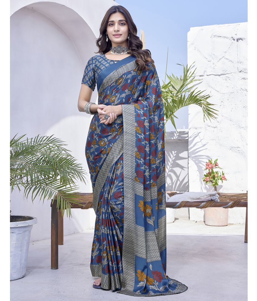     			Yashika Silk Blend Printed Saree With Blouse Piece - Blue ( Pack of 1 )