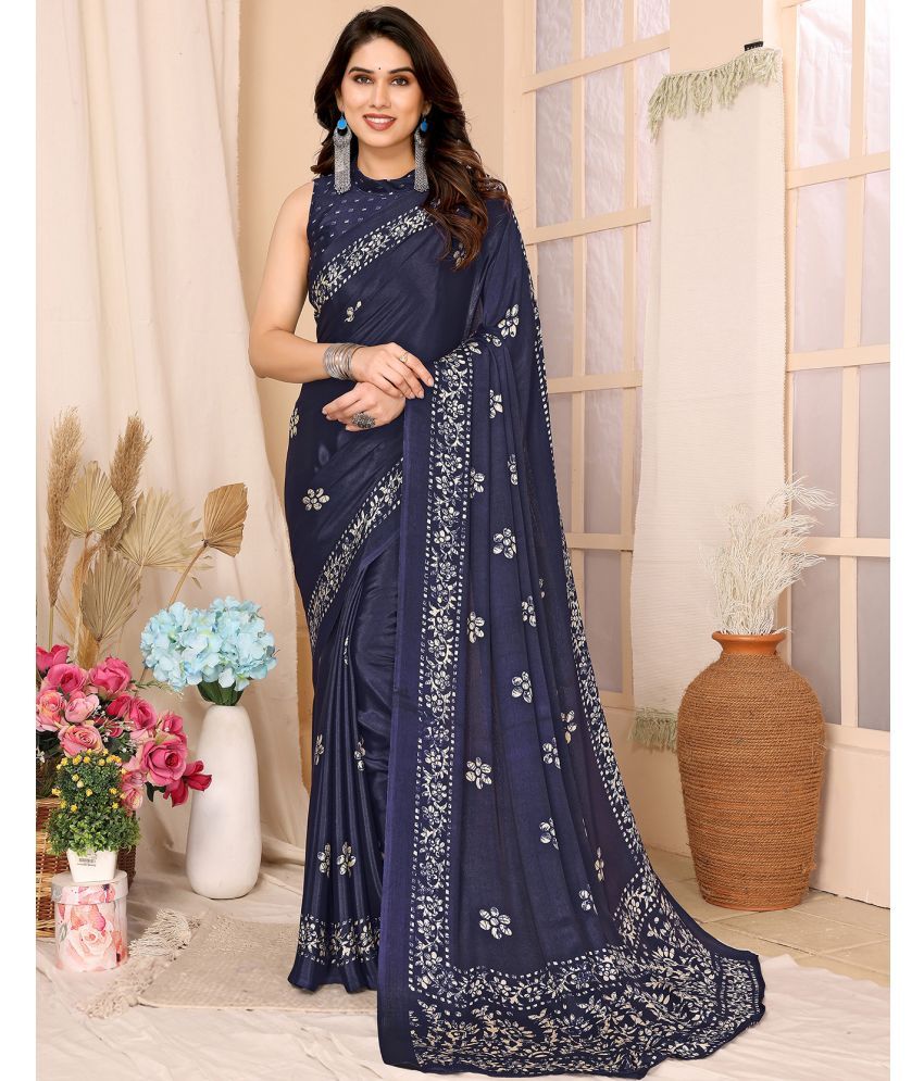     			Yashika Silk Blend Printed Saree With Blouse Piece - Navy Blue ( Pack of 1 )