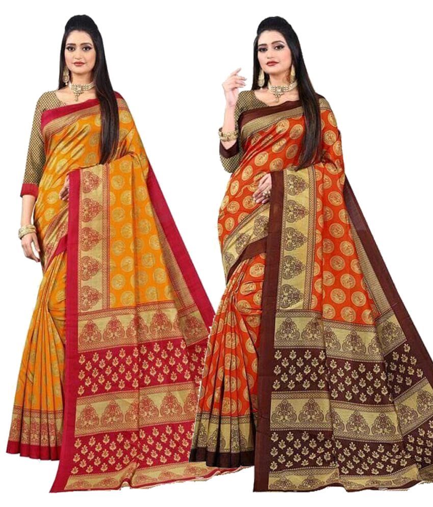     			Kanooda Prints Art Silk Printed Saree With Blouse Piece - Orange ( Pack of 2 )