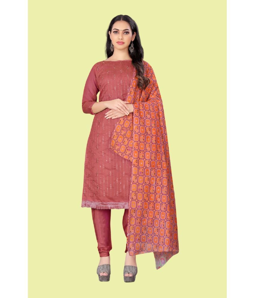     			Aika Unstitched Chanderi Striped Dress Material - Peach ( Pack of 1 )