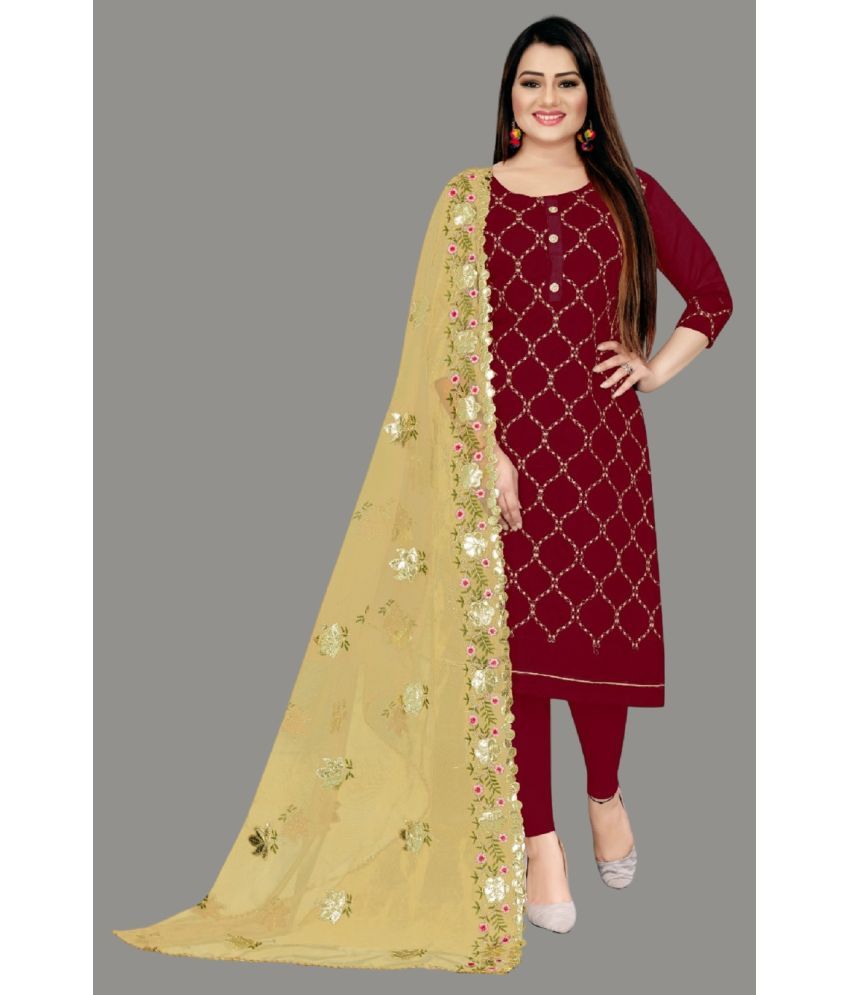     			Apnisha Unstitched Chanderi Embroidered Dress Material - Maroon ( Pack of 1 )