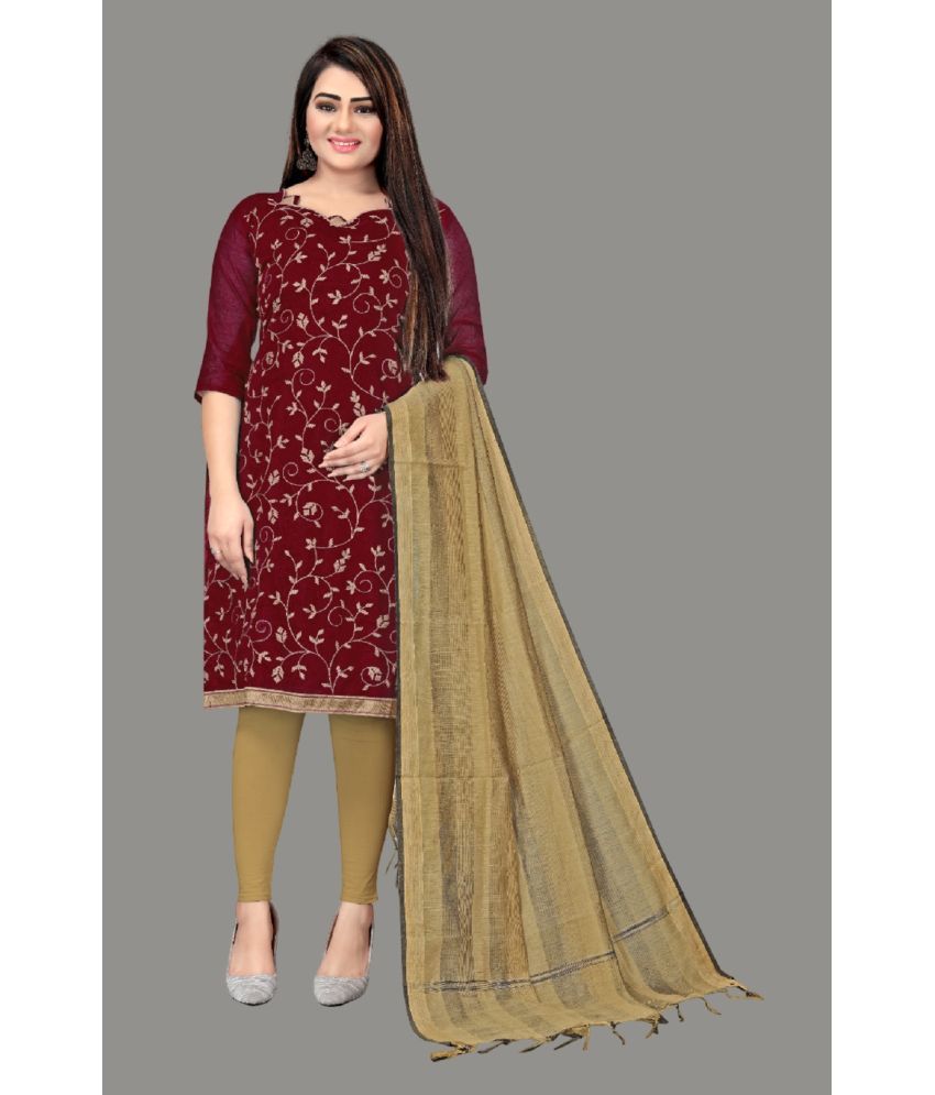     			Apnisha Unstitched Chanderi Embroidered Dress Material - Maroon ( Pack of 1 )