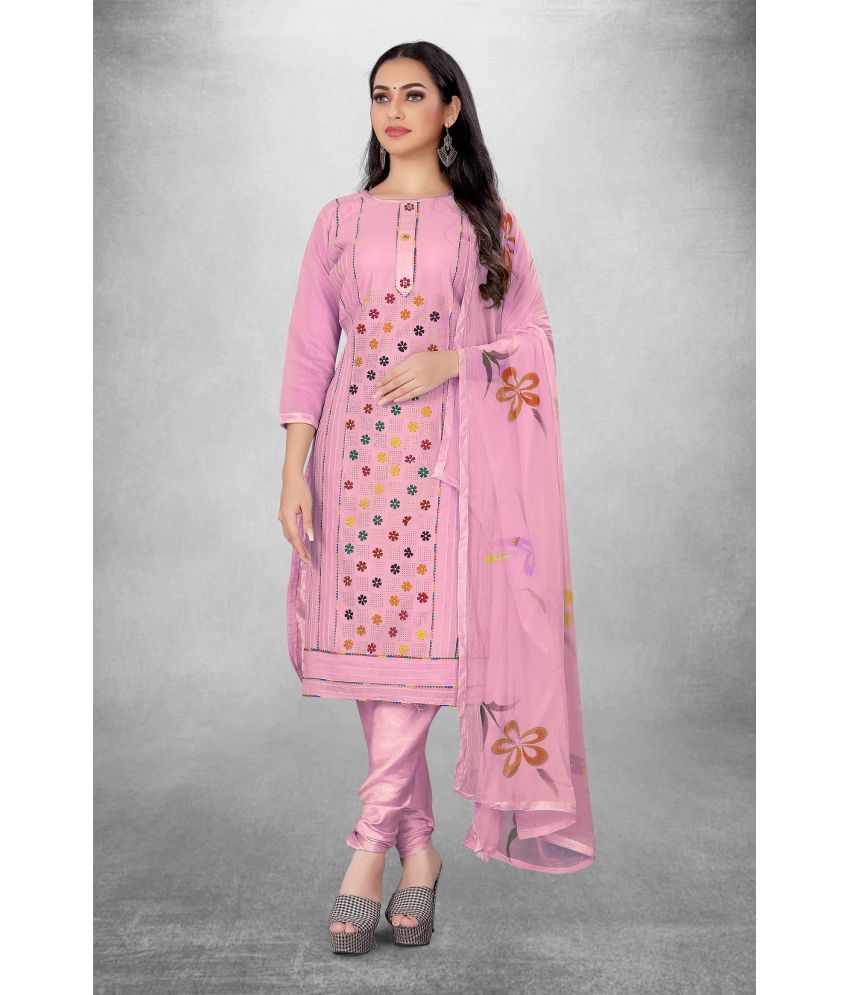     			Apnisha Unstitched Cotton Blend Embroidered Dress Material - Pink ( Pack of 1 )