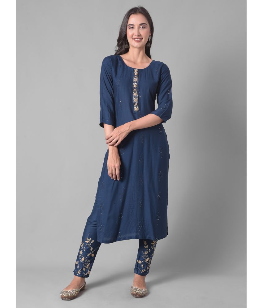     			Dollar Missy Cotton Blend Embellished Kurti With Pants Women's Stitched Salwar Suit - Blue ( Pack of 1 )