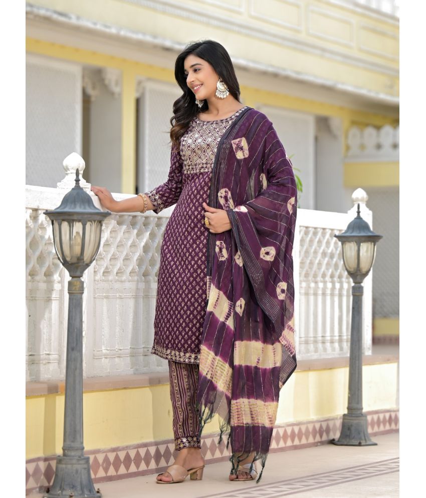     			Juniper Cotton Printed Kurti With Pants Women's Stitched Salwar Suit - Wine ( Pack of 1 )