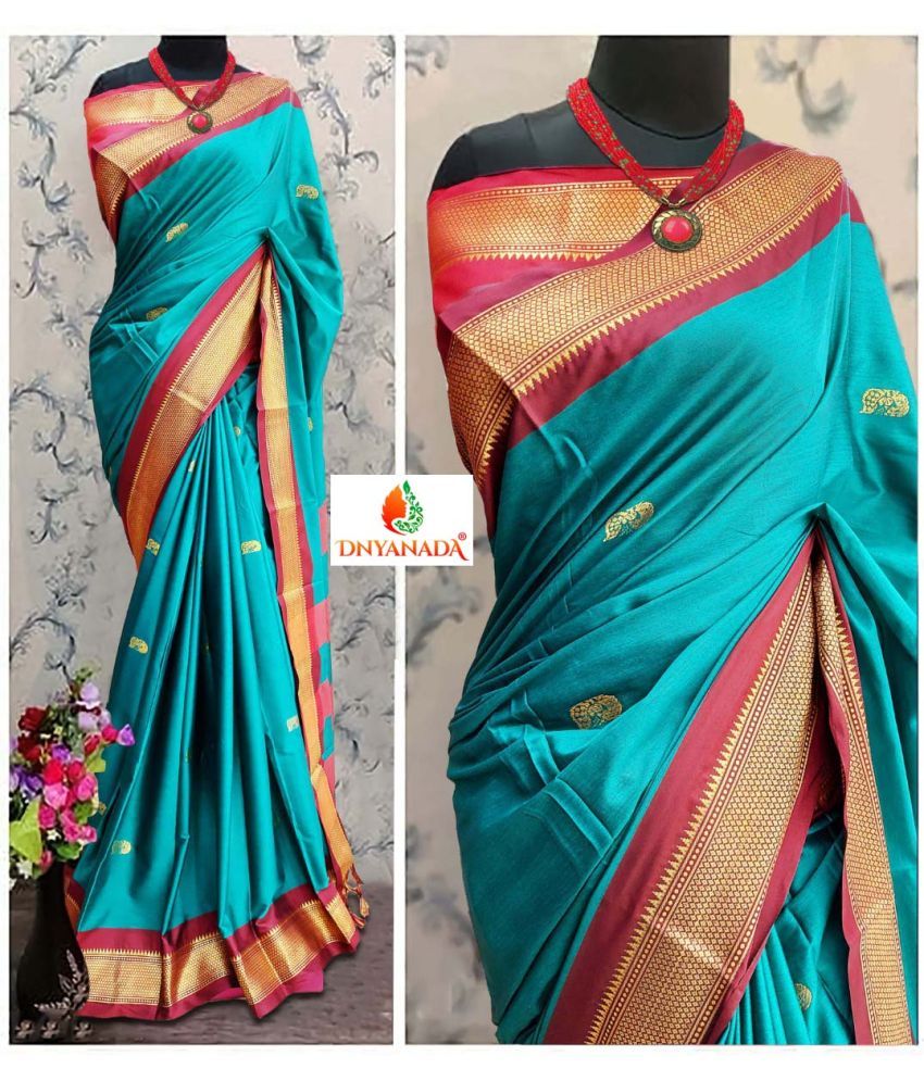     			Mysstre Cotton Silk Woven Saree With Blouse Piece - Turquoise ( Pack of 1 )