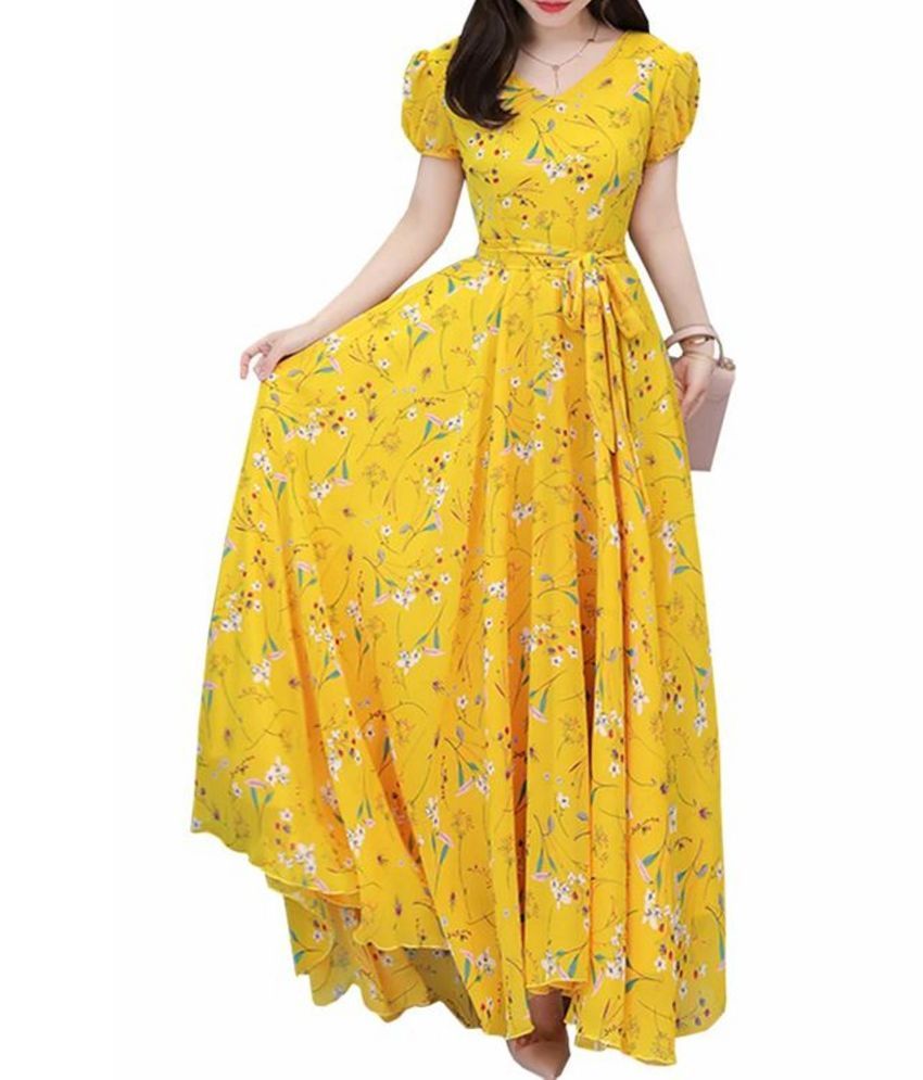     			Raabta Fashion Georgette Printed Full Length Women's Gown - Yellow ( Pack of 1 )