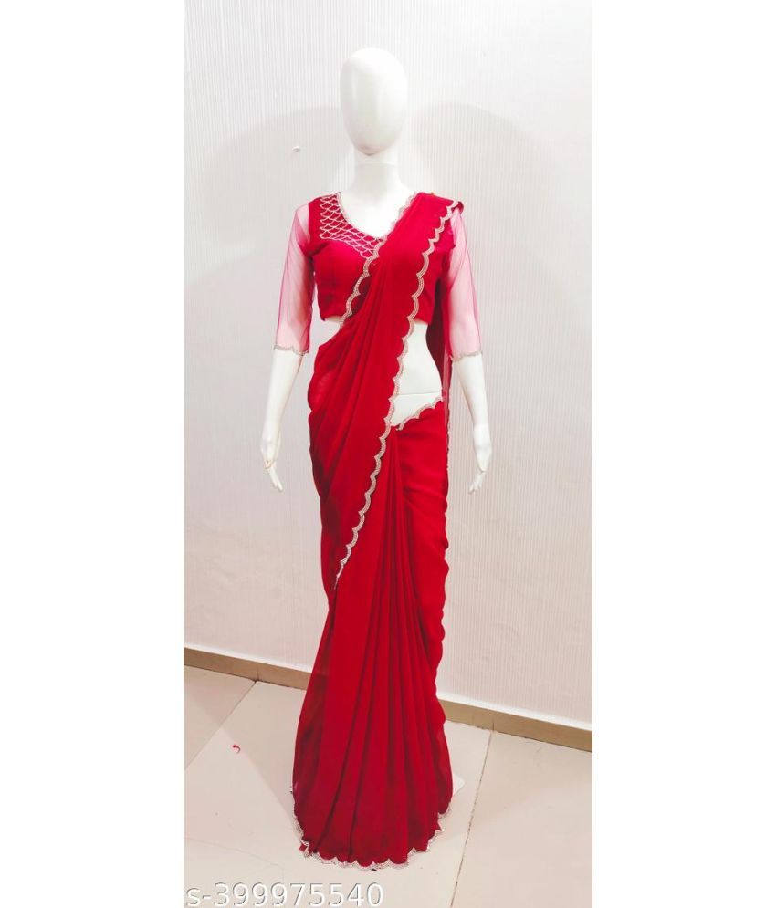     			Shivadit ethnic Chiffon Cut Outs Saree With Blouse Piece - Red ( Pack of 1 )