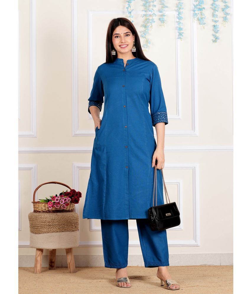     			Vbuyz Cotton Blend Embellished Kurti With Pants Women's Stitched Salwar Suit - Blue ( Pack of 1 )