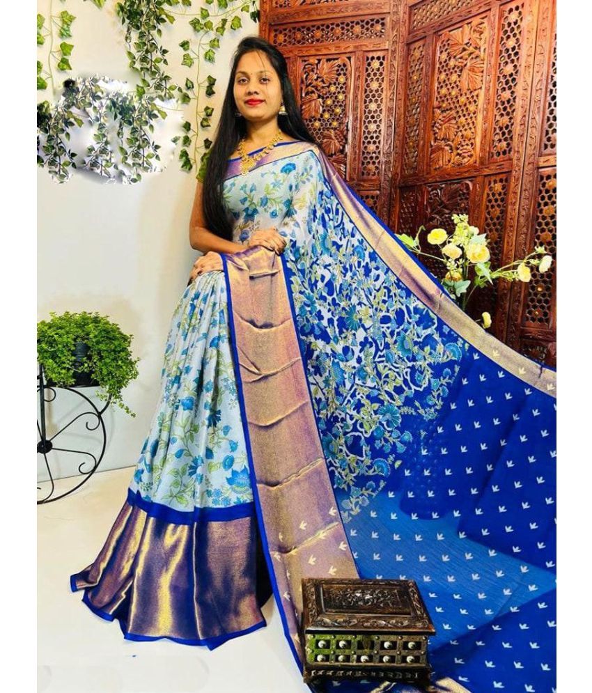     			Bhuwal Fashion Chiffon Printed Saree With Blouse Piece - Blue ( Pack of 1 )