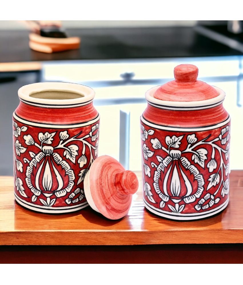     			Malaikah Red Pickle Jar Ceramic Red Pickle Container ( Set of 2 )