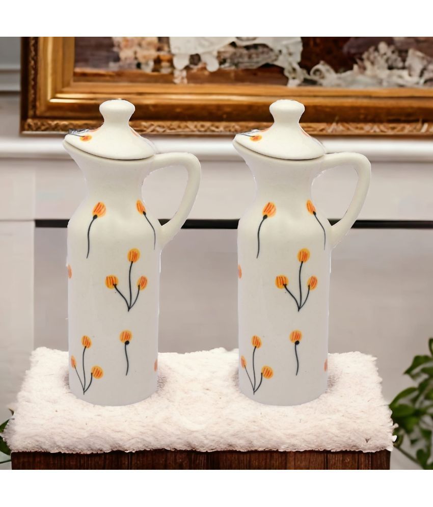     			Malaikah White Oil Dispenser Ceramic Off White Oil Container ( Set of 2 )