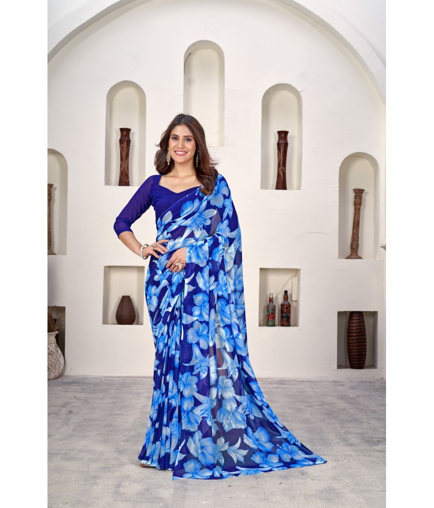     			Varni Fabrics Georgette Printed Saree With Blouse Piece - Navy Blue ( Pack of 1 )