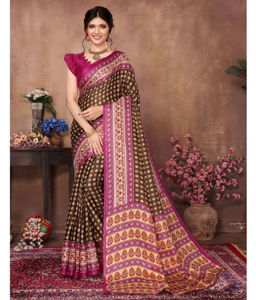     			Yashika Art Silk Printed Saree With Blouse Piece - BROWN ( Pack of 1 )