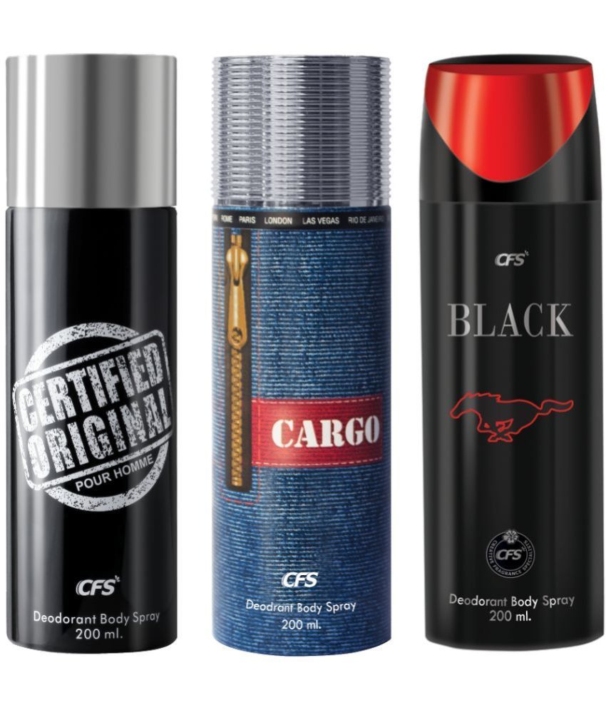     			CFS  Cargo Blue, Certified Black & Black Body Spray for Unisex 600 ml ( Pack of 3 )