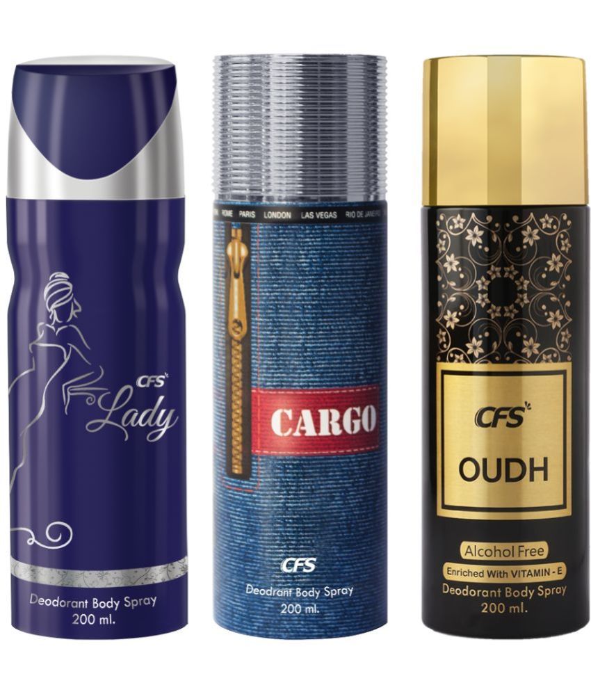     			CFS  Cargo Blue, Lady & Oudh Black Body Spray for Unisex 600 ml ( Pack of 3 )