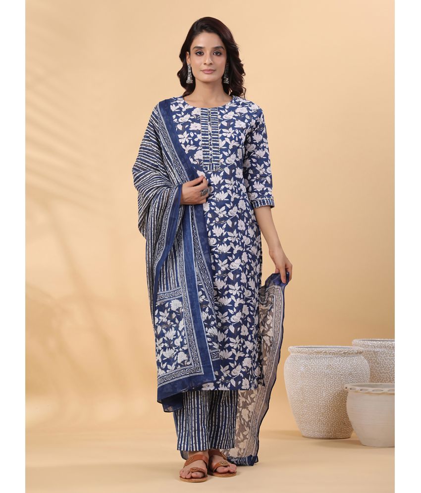     			Janasya Cotton Printed Kurti With Pants Women's Stitched Salwar Suit - Blue ( Pack of 1 )