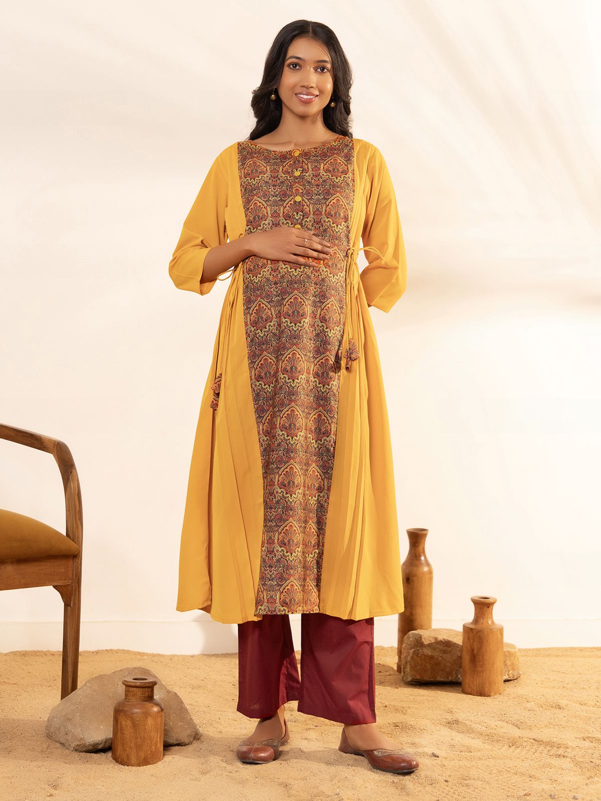     			Janasya Crepe Printed Flared Women's Kurti - Mustard ( Pack of 1 )