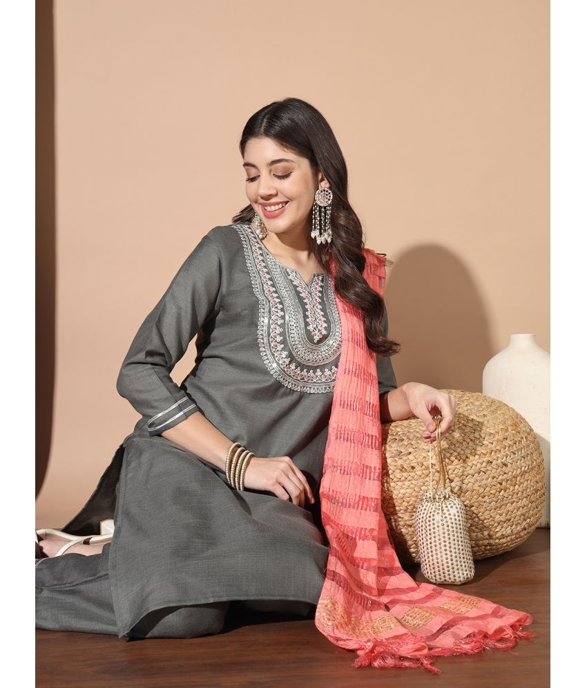     			MORLY Cotton Silk Embroidered Kurti With Pants Women's Stitched Salwar Suit - Dark Grey ( Pack of 1 )