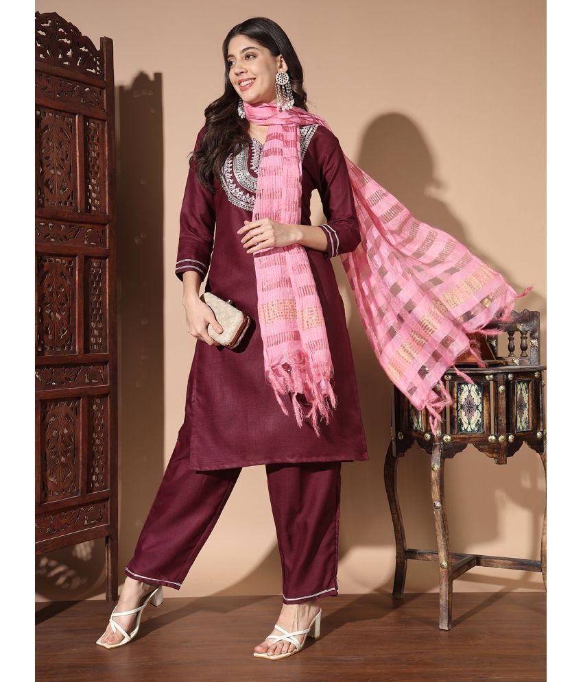     			MORLY Cotton Silk Embroidered Kurti With Pants Women's Stitched Salwar Suit - Wine ( Pack of 1 )