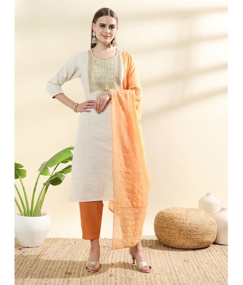     			MORLY Cotton Silk Embroidered Kurti With Pants Women's Stitched Salwar Suit - Orange ( Pack of 1 )