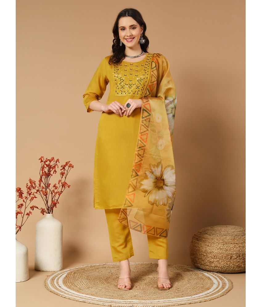     			MORLY Cotton Silk Embroidered Kurti With Pants Women's Stitched Salwar Suit - Mustard ( Pack of 1 )