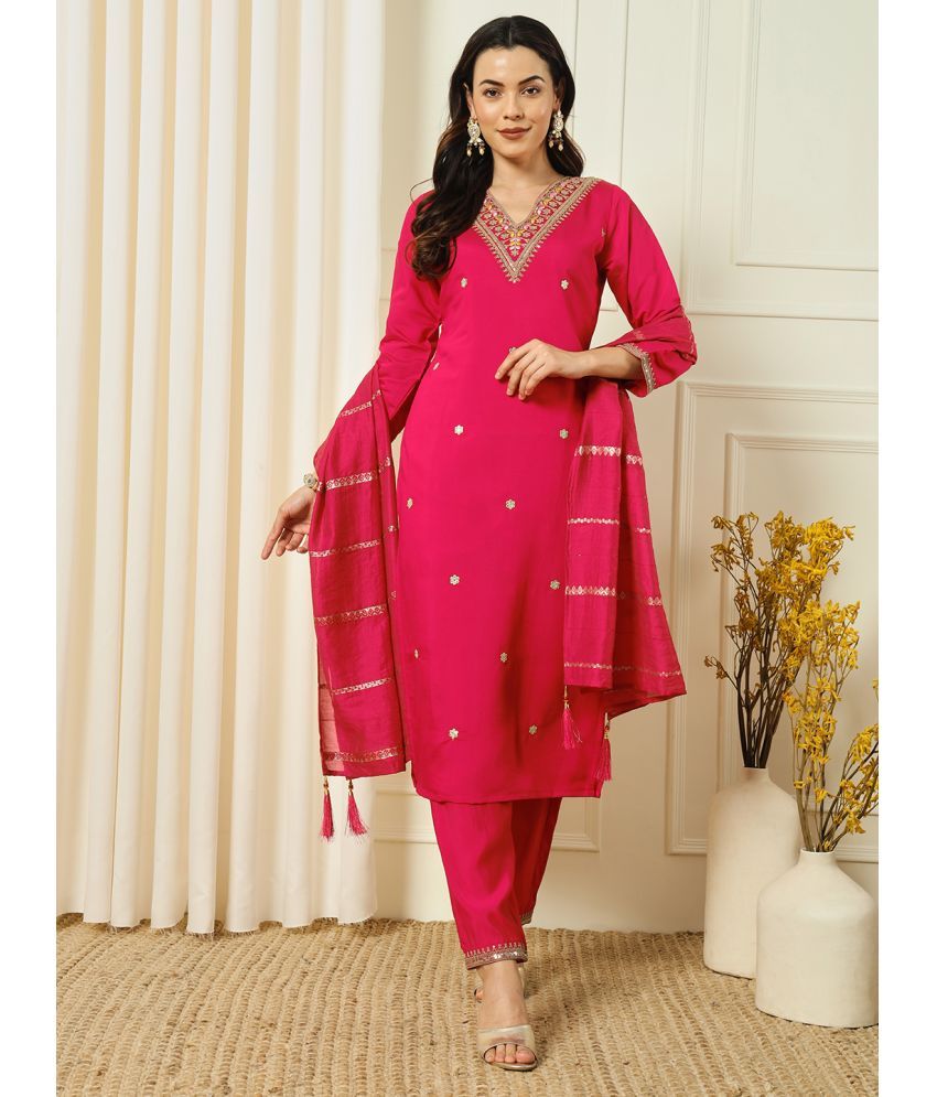     			MORLY Silk Blend Embroidered Kurti With Pants Women's Stitched Salwar Suit - Pink ( Pack of 1 )