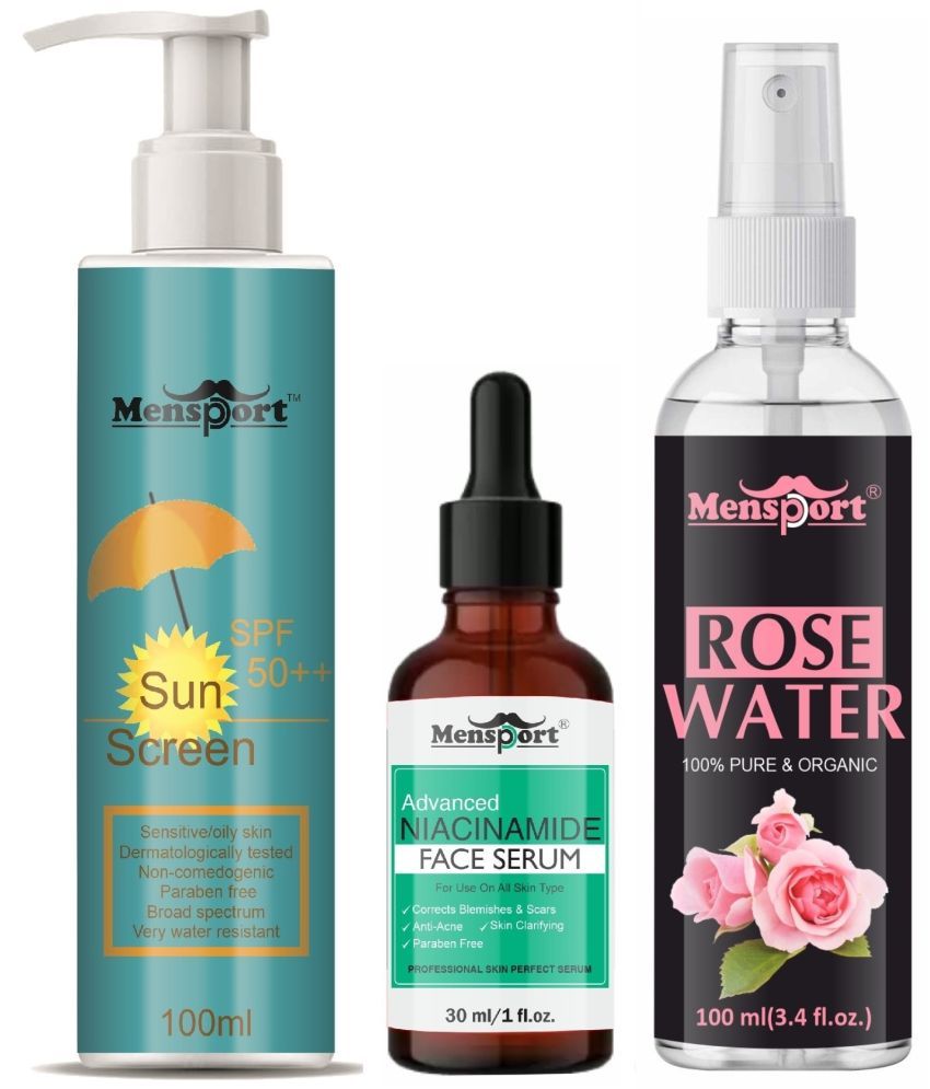     			Mensport Broad Spectrum SPF 50++ Sunscreen 100ML, Niacinamide Anti Acne Face Serum 30ML & Natural Rose Water 100ml - Combo of 3 Items