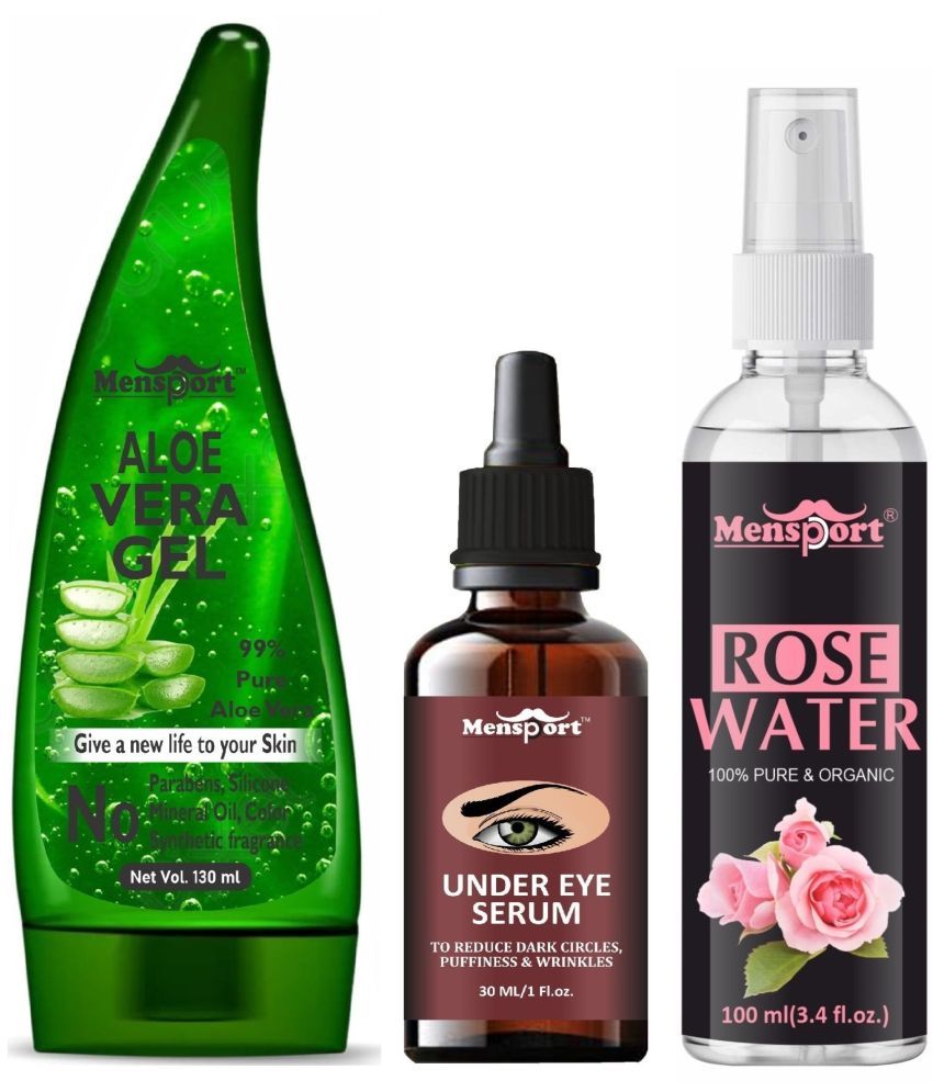     			Mensport Multipurpose Aloe Vera Gel 130ml, Under Eye Serum for Dark Circle 30ML & Natural Rose Water 100ml - Combo of 3 Items