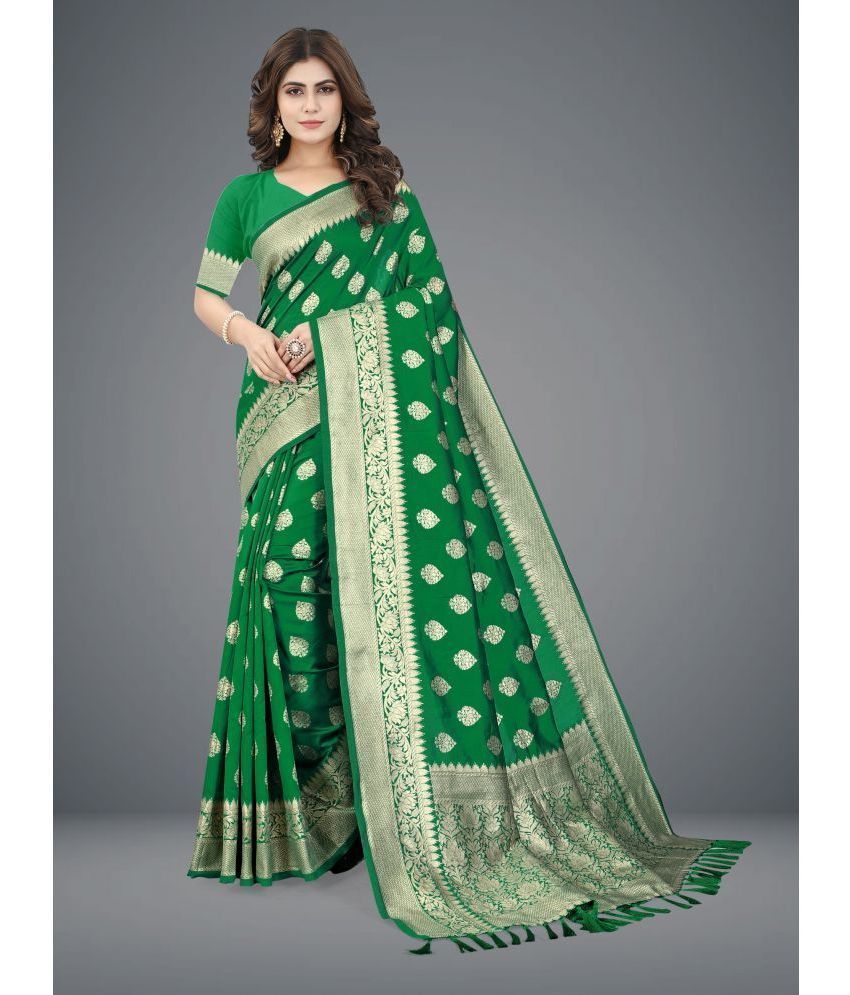     			Om Shantam Sarees Banarasi Silk Woven Saree With Blouse Piece - Green ( Pack of 1 )