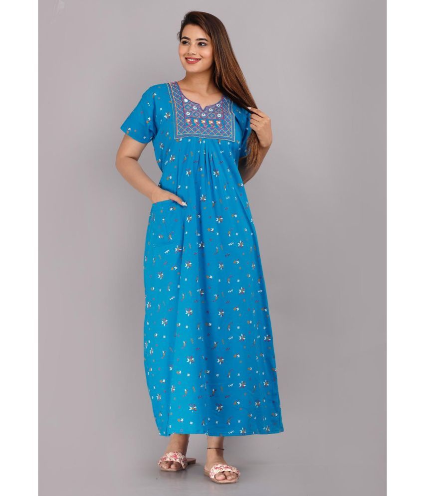     			Shri Krishna Fabric Blue Cotton Women's Nightwear Nighty & Night Gowns ( Pack of 1 )