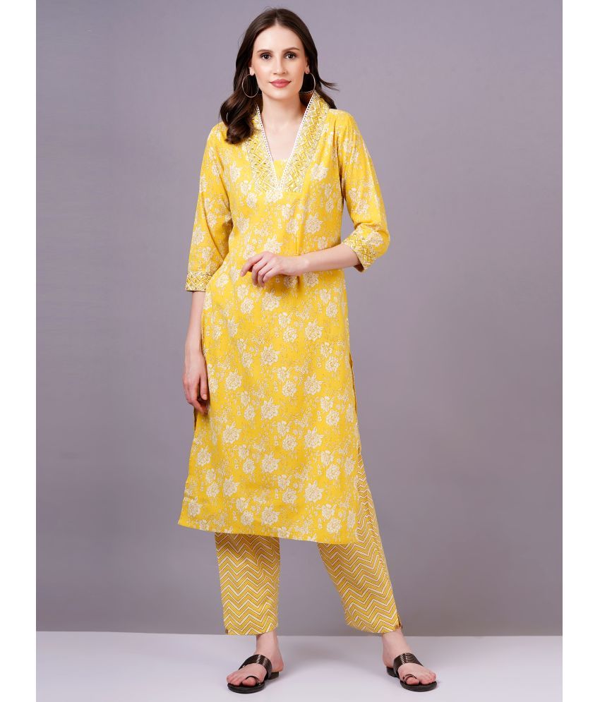     			JC4U Cotton Printed Kurti With Pants Women's Stitched Salwar Suit - Yellow ( Pack of 1 )