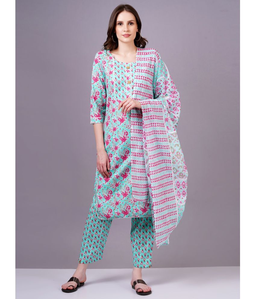     			JC4U Cotton Printed Kurti With Pants Women's Stitched Salwar Suit - Light Blue ( Pack of 1 )