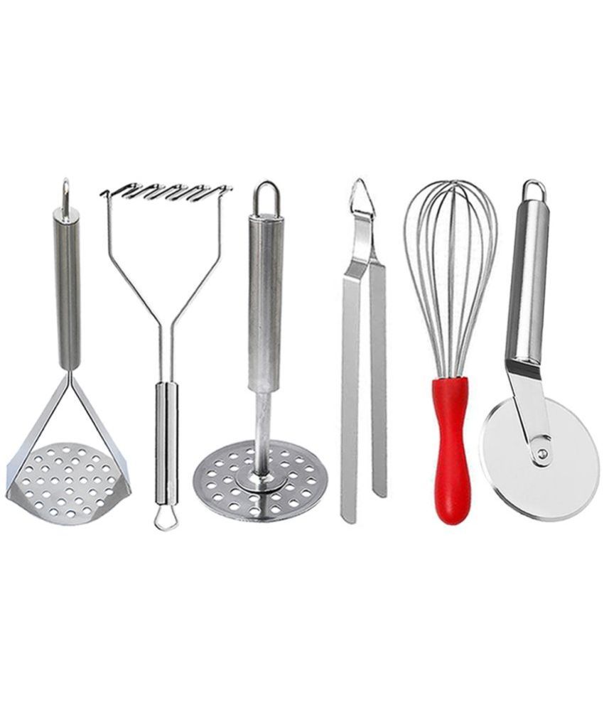     			OC9 Silver Stainless Steel 3 Masher+Whisk+Pizza Cutter+Chimta ( Set of 6 )