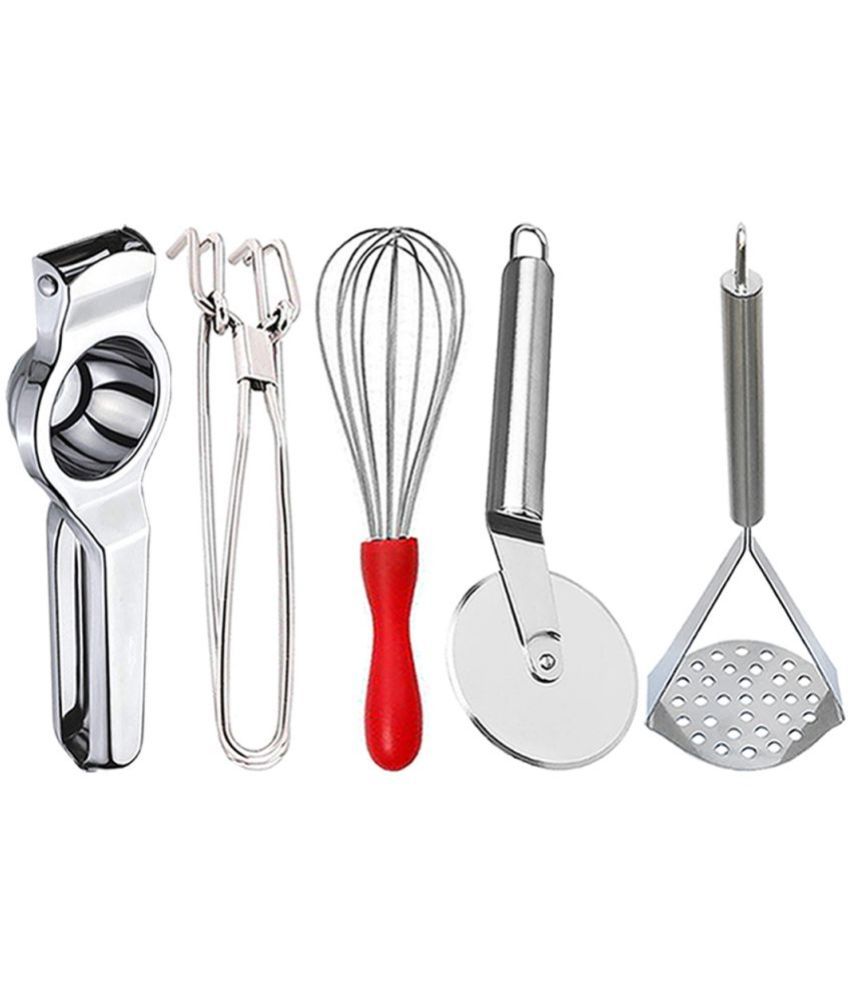     			OC9 Silver Stainless Steel Lemon+Pakkad+Whisk+Pizza Cutter+Masher ( Set of 5 )