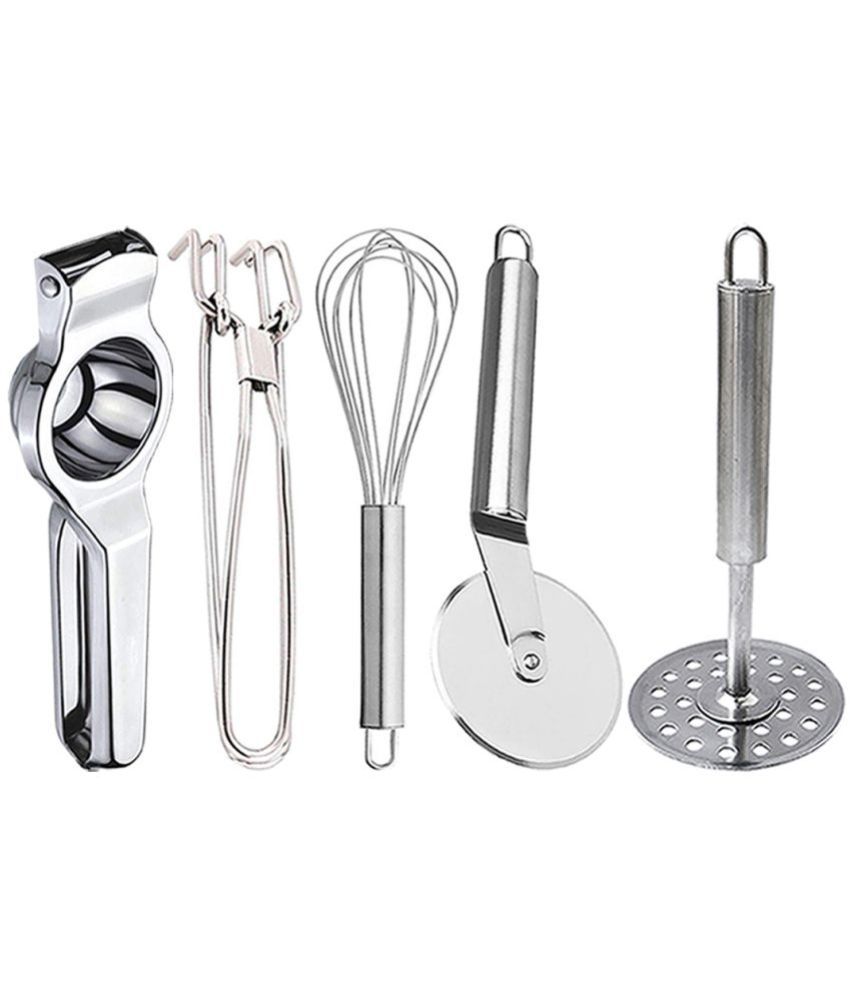     			OC9 Silver Stainless Steel Lemon Squeezer+Pakkad+Whisk+Pizza Cutter+Masher ( Set of 5 )