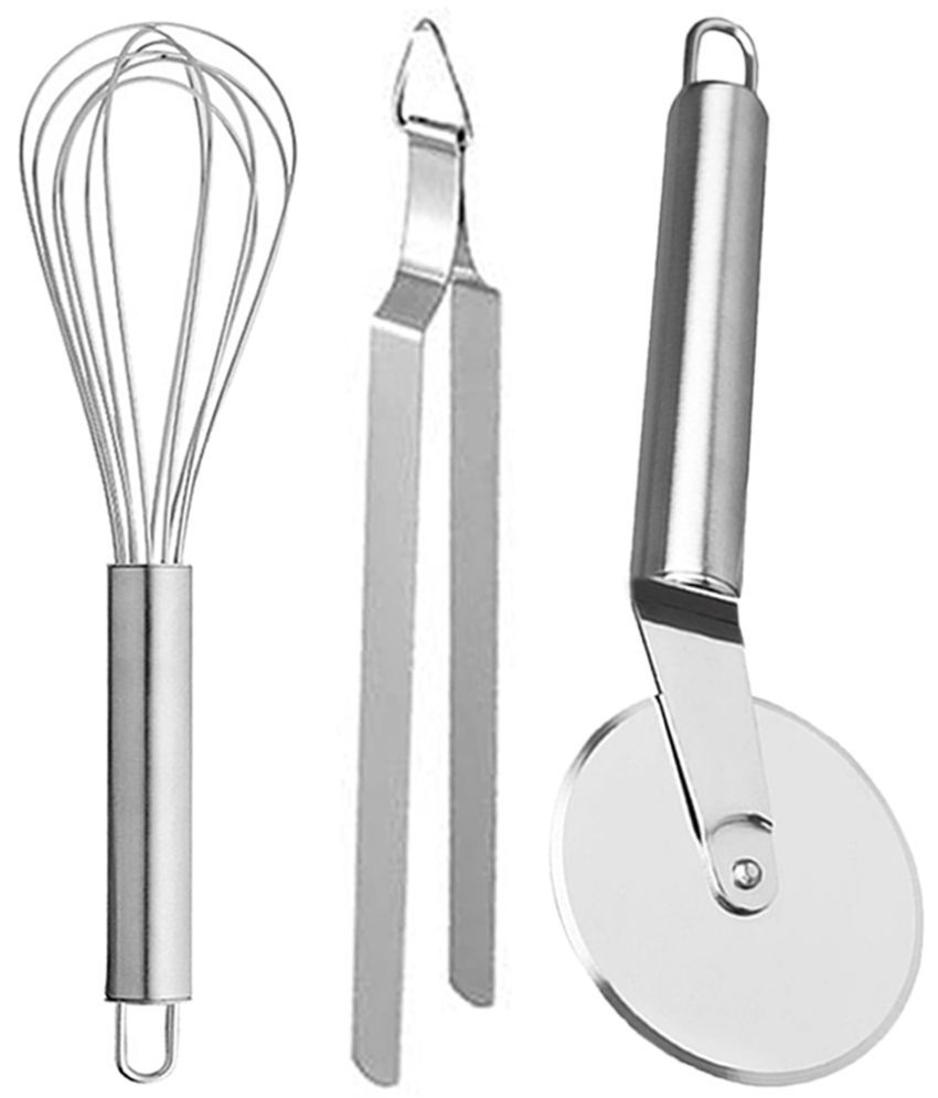     			OC9 Silver Stainless Steel Pizza Cutter+Whisk+Chimta ( Set of 3 )