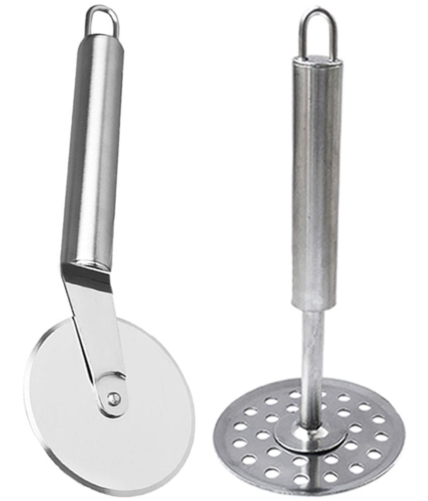     			OC9 Silver Stainless Steel Pizza Cutter+Masher ( Set of 2 )