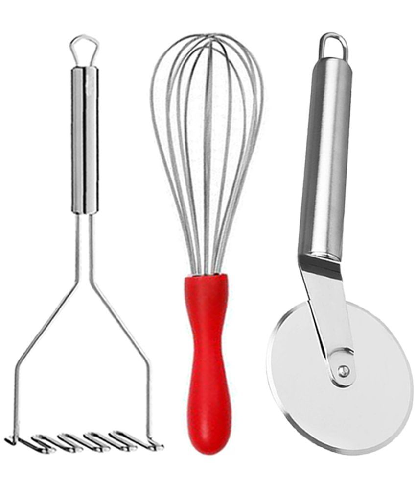     			OC9 Silver Stainless Steel Whisk+Pizza Cutter+Masher ( Set of 3 )